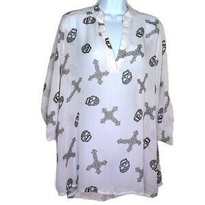 Libian Skulls & Crosses Top Sheer White & Black Flowy Pullover Roll Tab Plus 1XL
